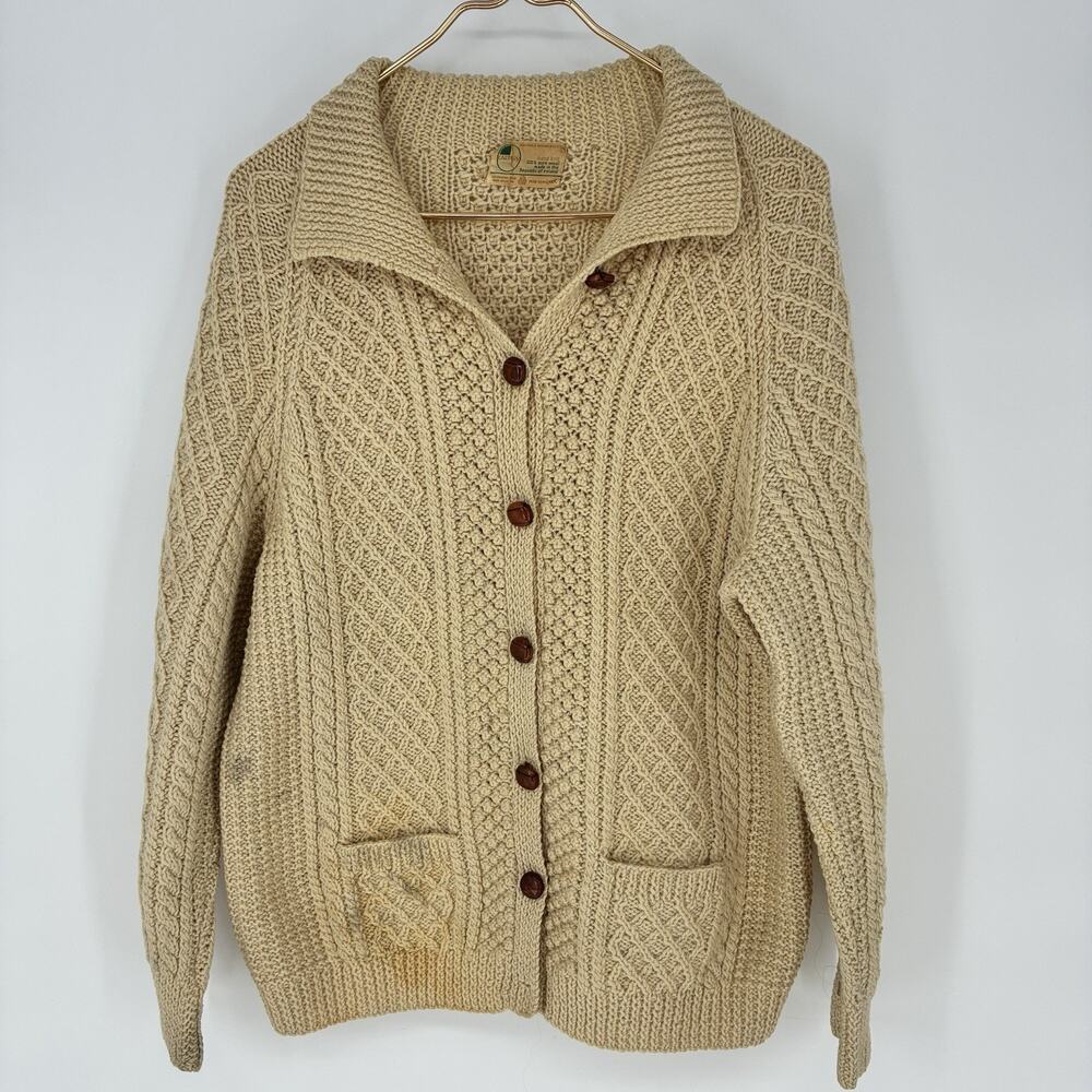 Vintage Cardery Cable Knit Irish Cardigan Wool Sweater Size M